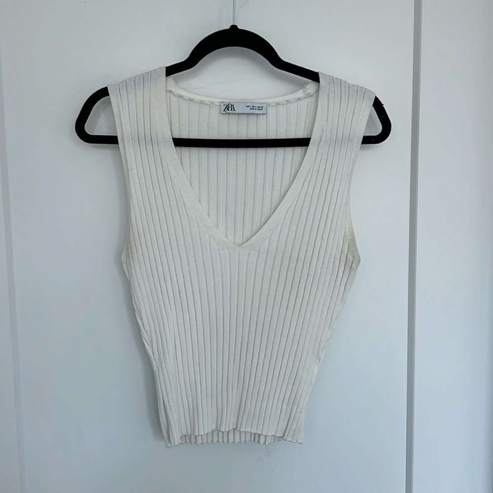 White Ribbed V Neck Sweater Tank